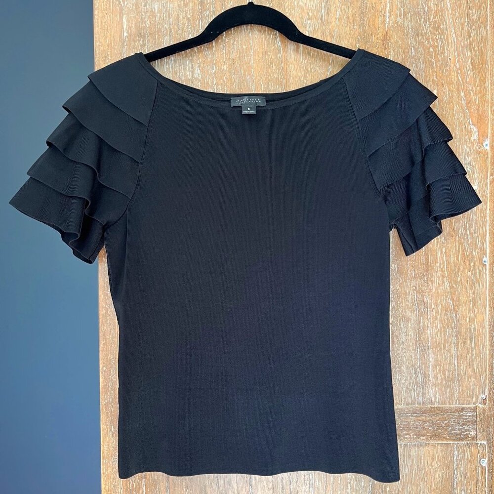 Carlisle Ruffled Short Sleeve Black Top- S